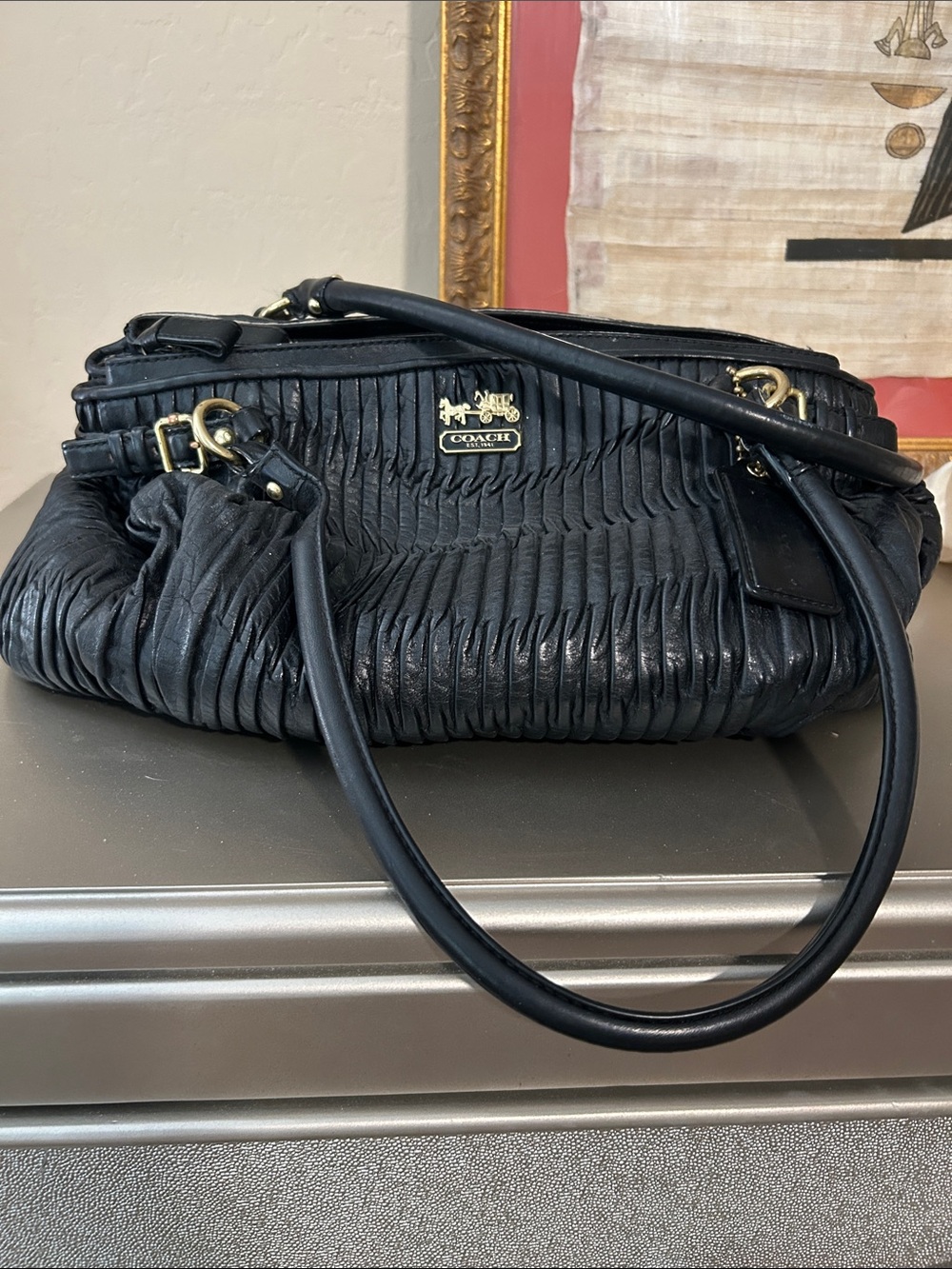 Coach Black Ruched Leather Shoulder Bag with Gold Hardware